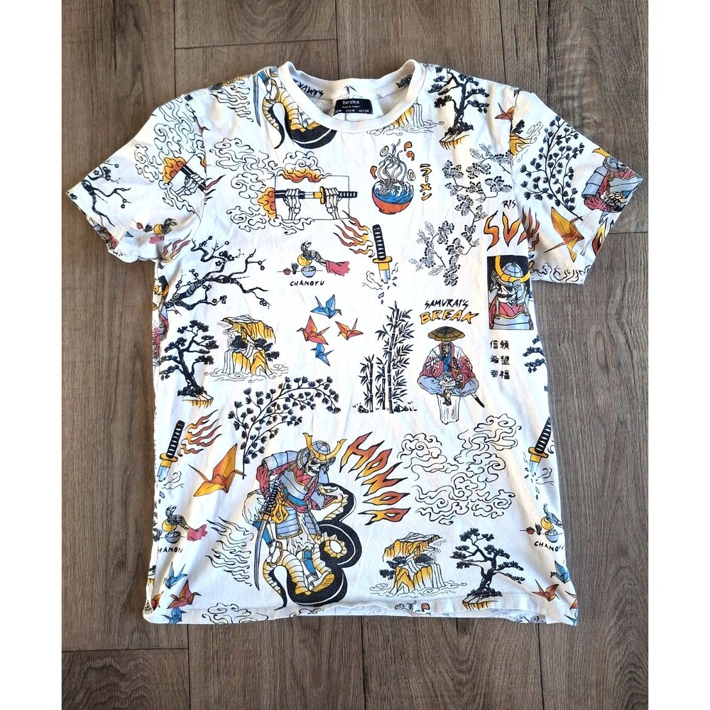 Bershka Men's Medium White Shirt All Over Print Samurai Japanese Theme Art